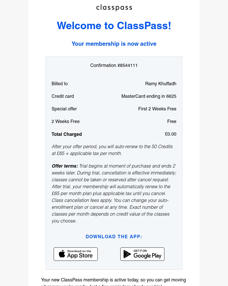ClassPass - Your ClassPass membership is now active!