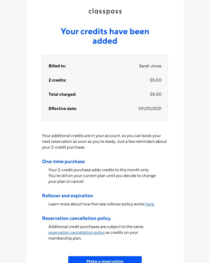 ClassPass - Your credit purchase is confirmed