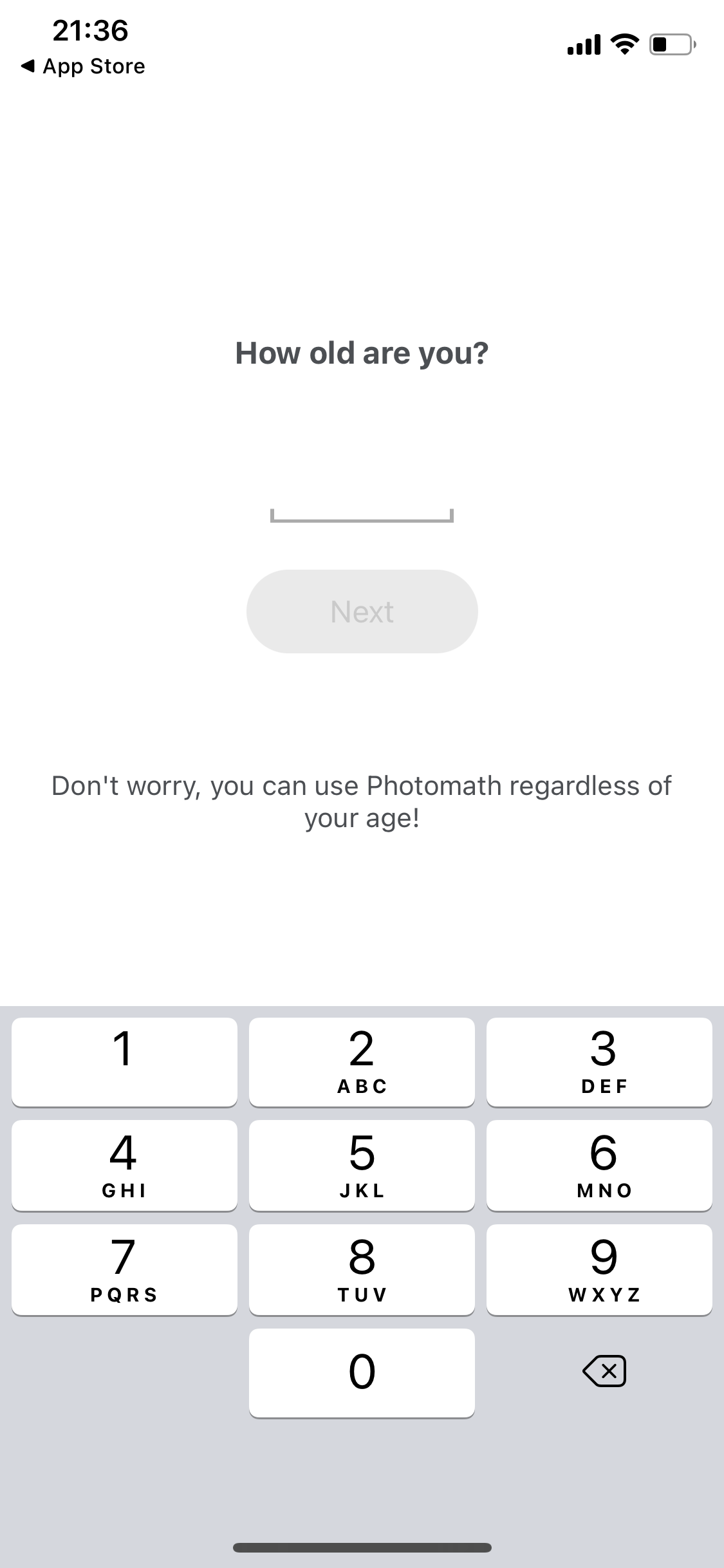 Screenshot of Select age