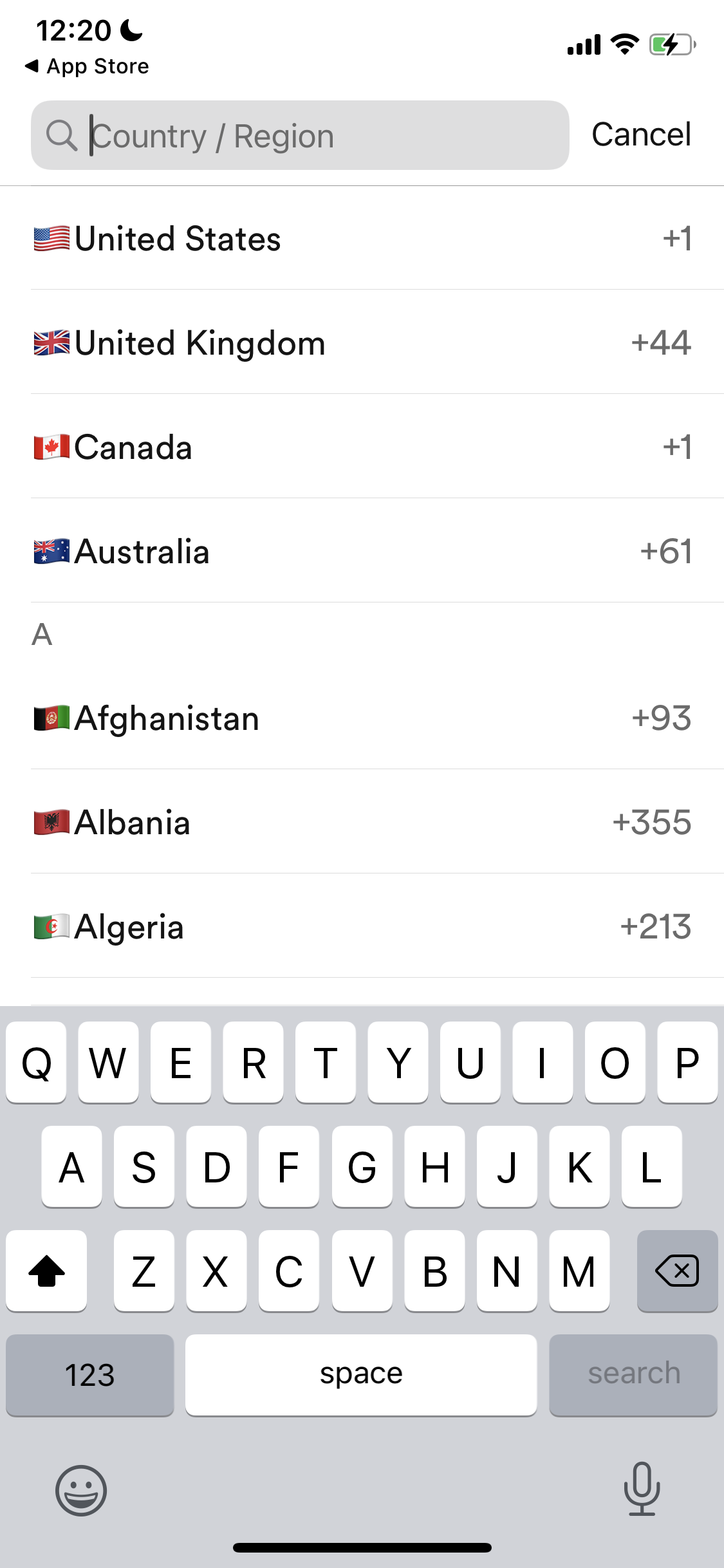 Screenshot of Select country