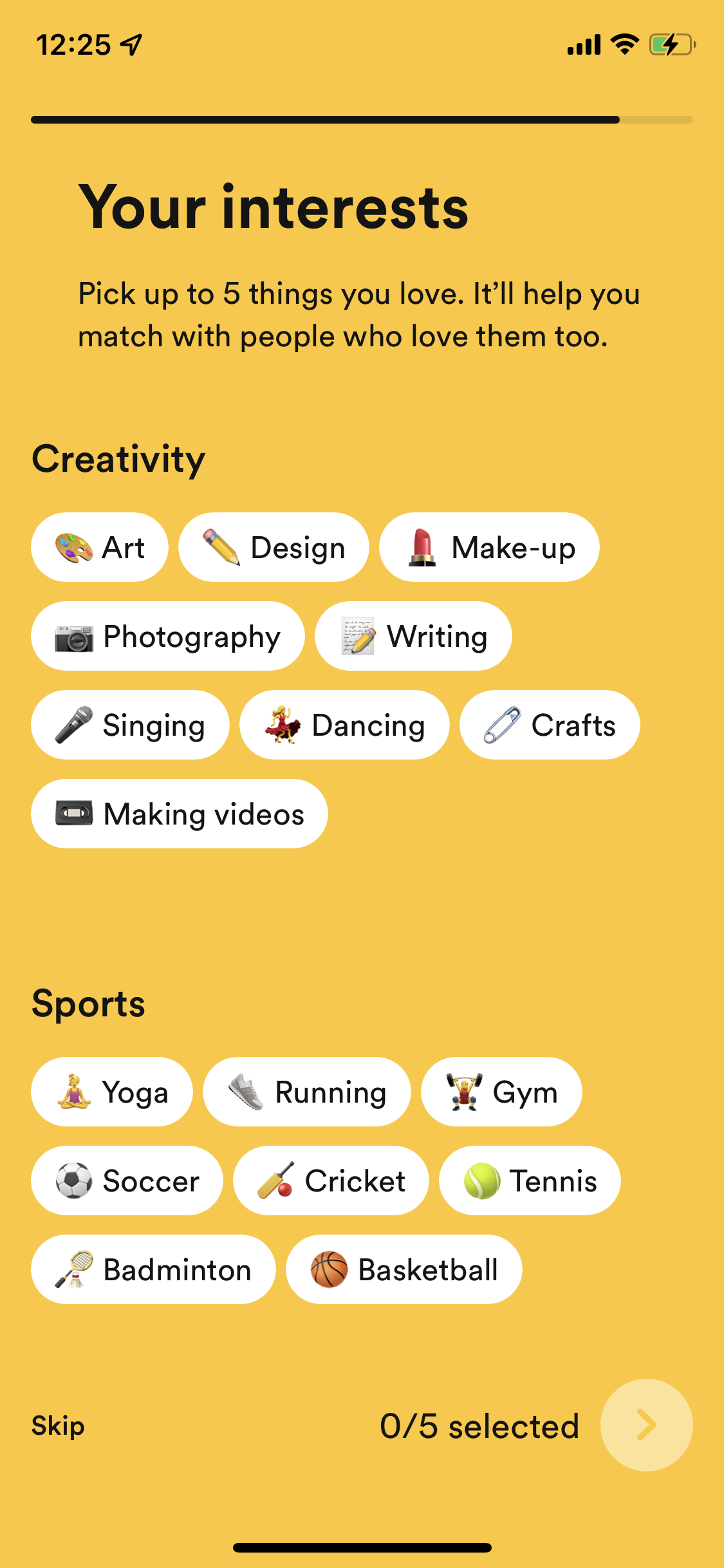 Screenshot of Select interests