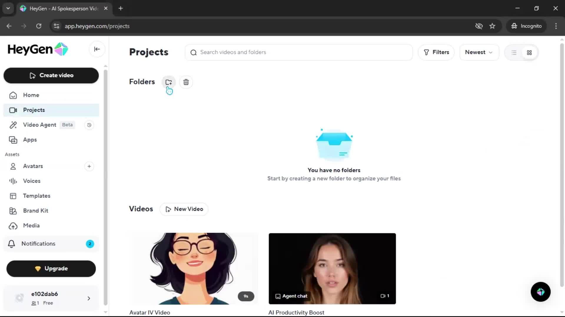 Creating a folder on HeyGen video thumbnail