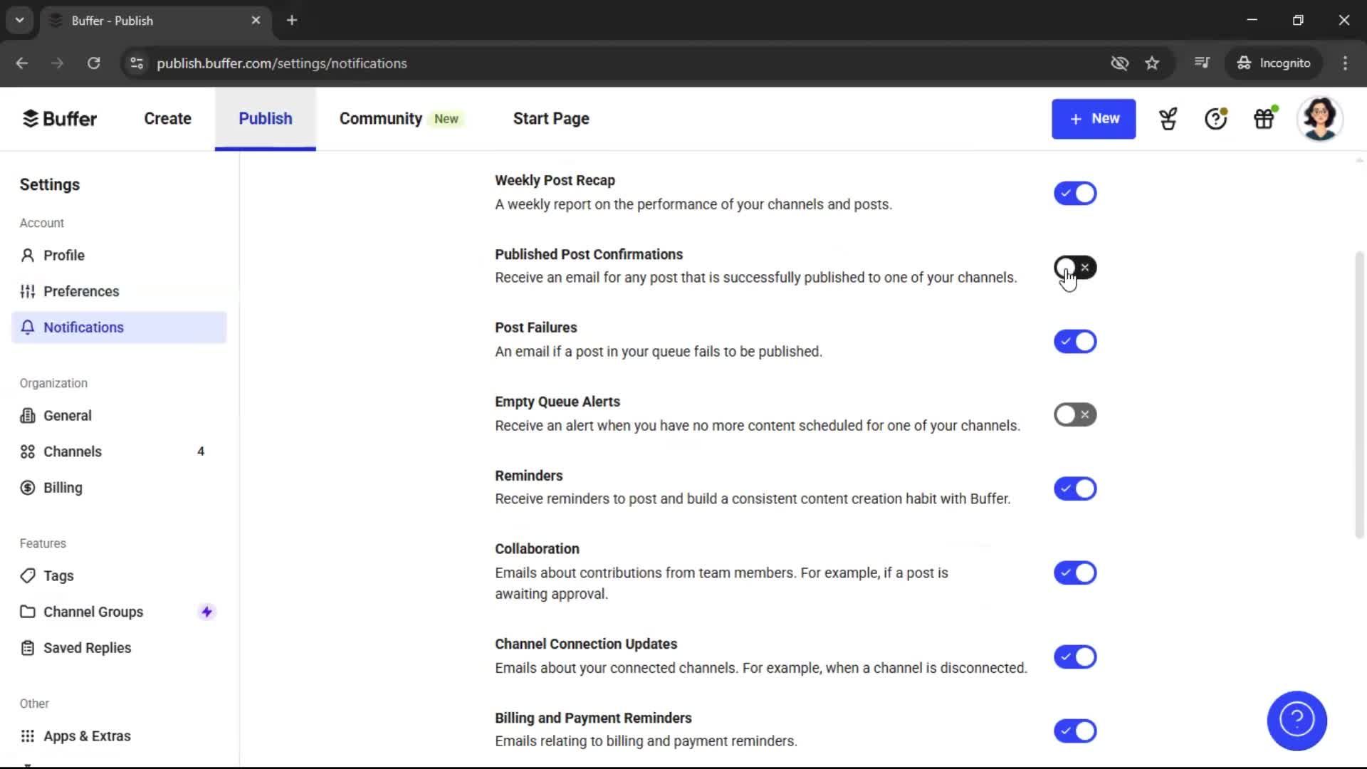 Settings on Buffer video thumbnail