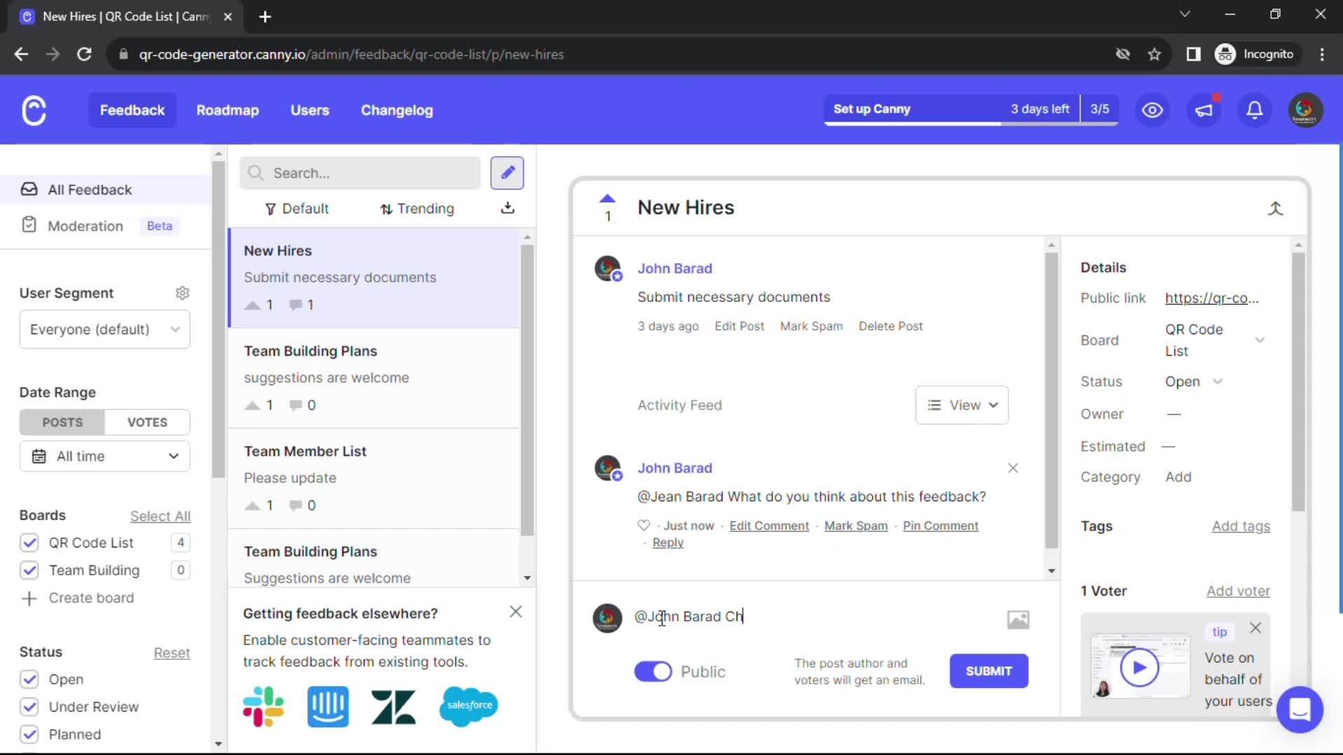 Managing feedback on Canny video thumbnail
