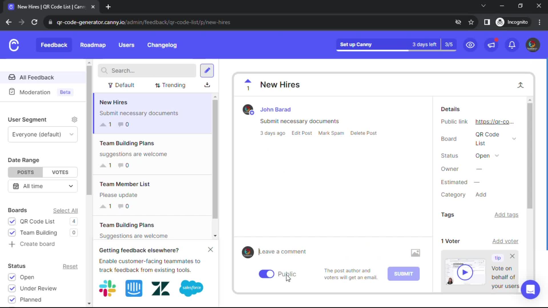 Managing feedback on Canny video thumbnail