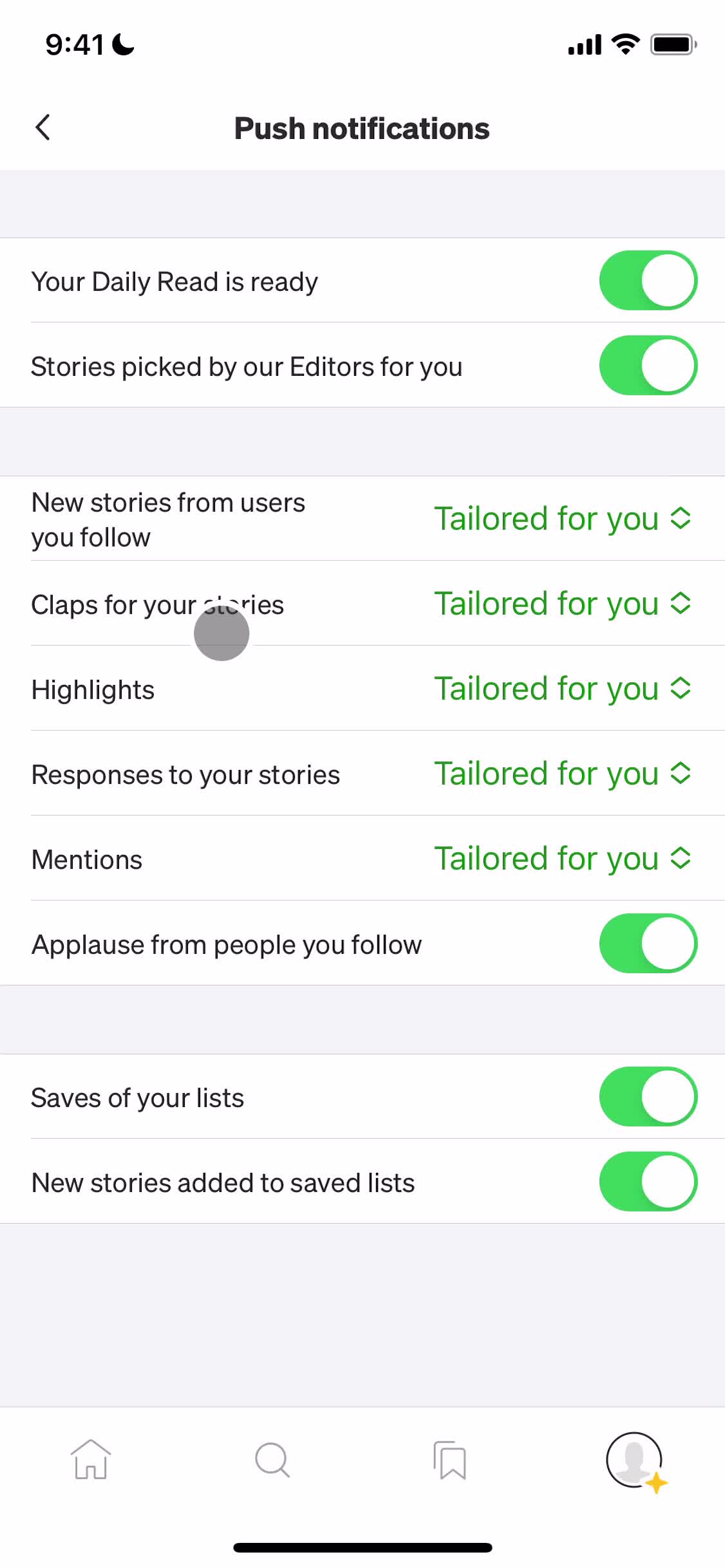 Notification settings on Medium video thumbnail