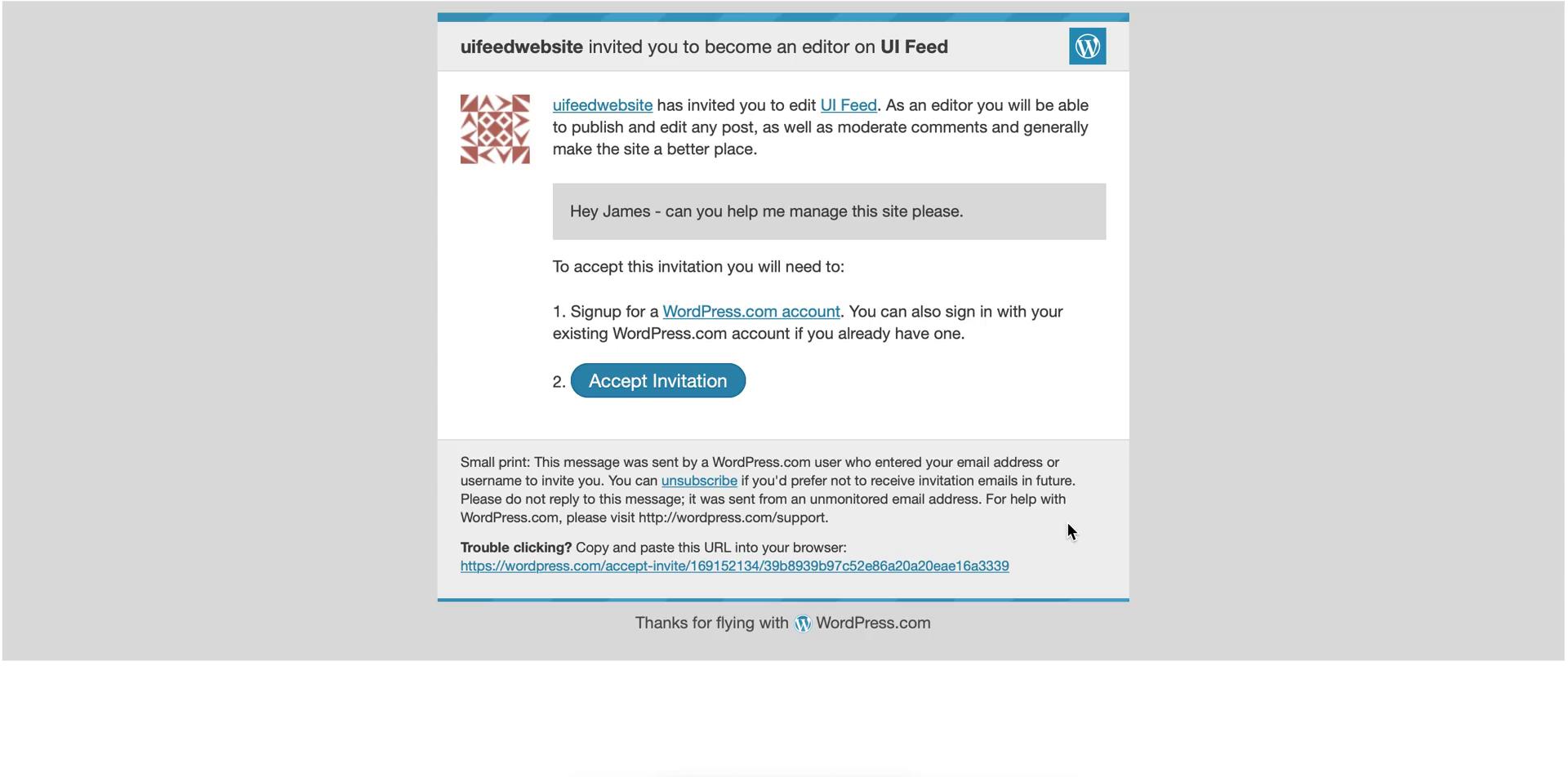 Accepting an invite on WordPress video thumbnail