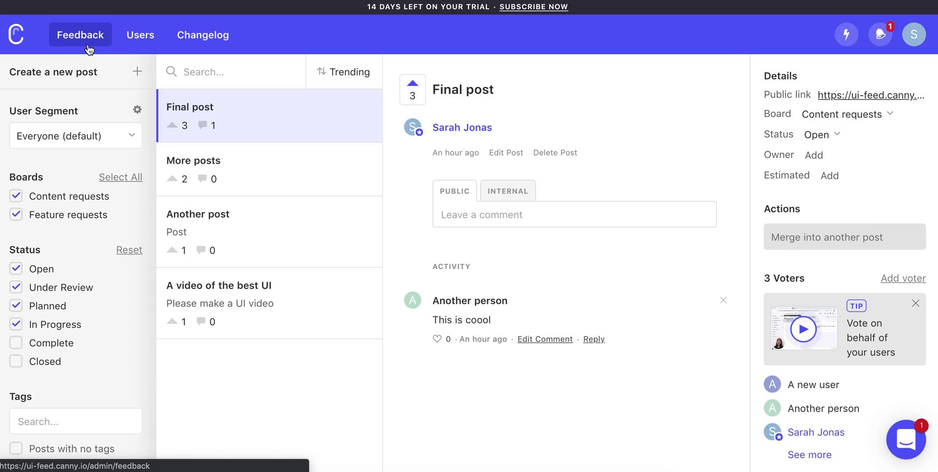 Managing feedback on Canny video thumbnail