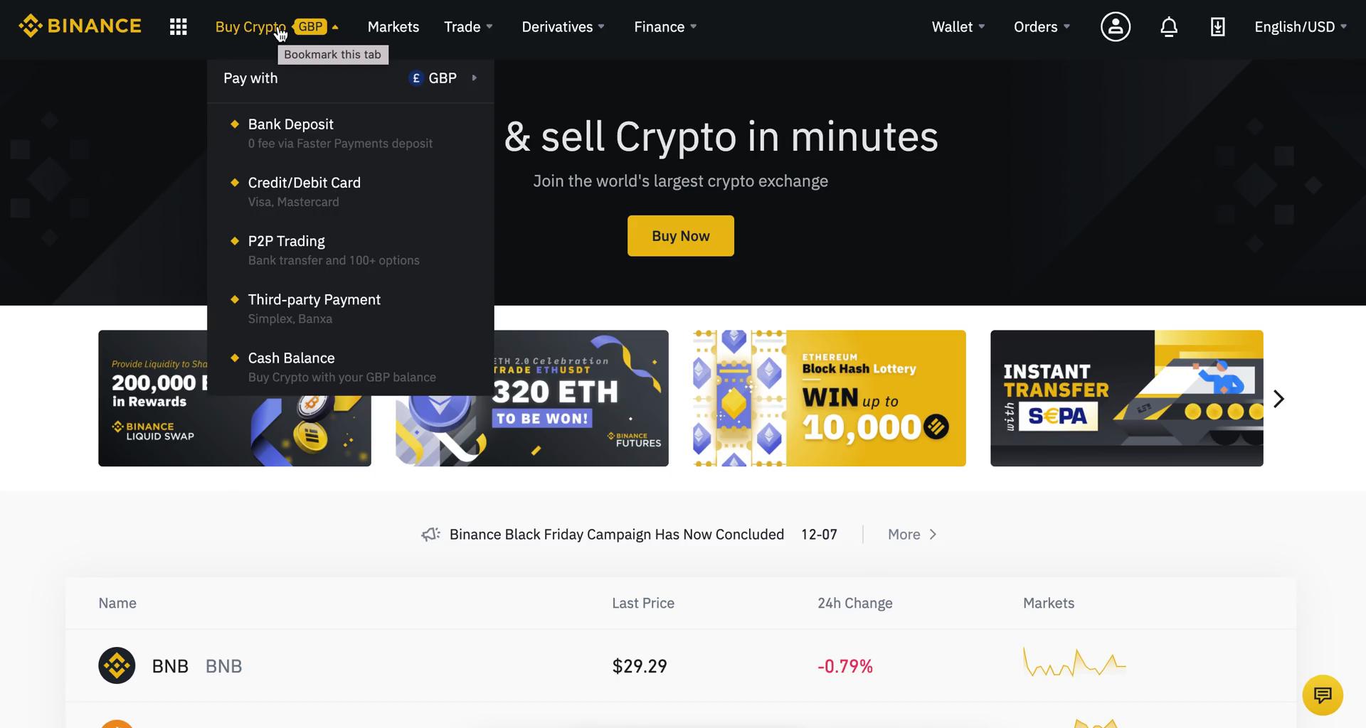 Screenshot of Buying crypto currency on Binance