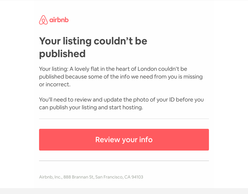 Airbnb - Action required: Your listing wasn’t published