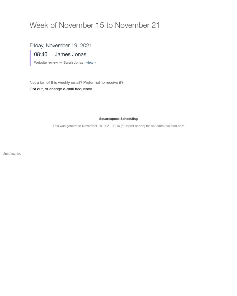 Squarespace Scheduling - 1 Appointment for week of November 15, 2021