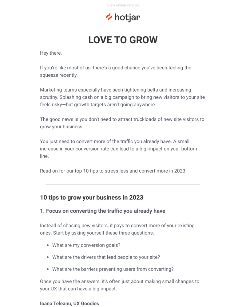 Hotjar - 10 tips for a low-stress and high-converting 2023