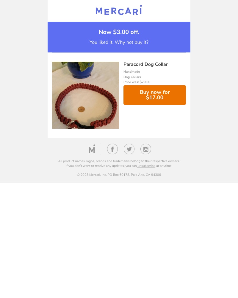 Mercari - 15% price drop on Paracord Dog Collar. Now $17.00.