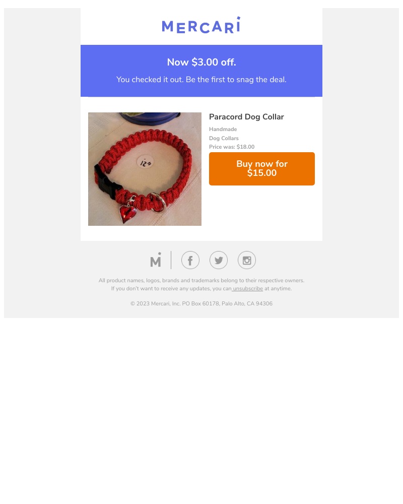 Mercari - 16% price drop on Paracord Dog Collar. Now $15.00.