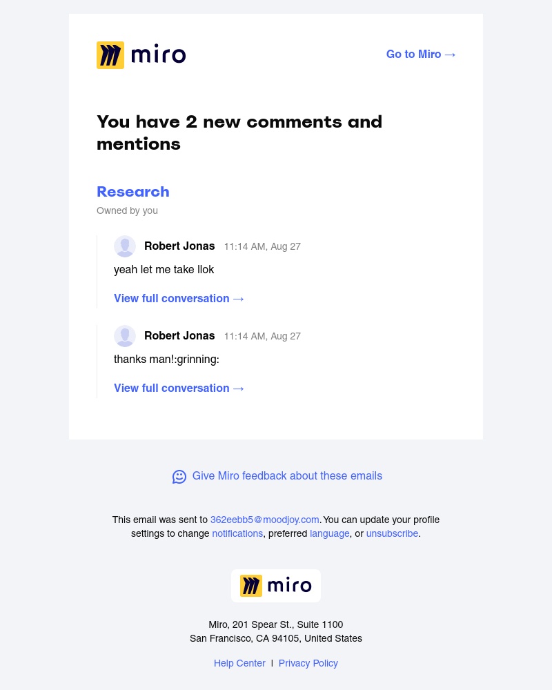 Miro - 2 new comments and mentions from Robert Jonas