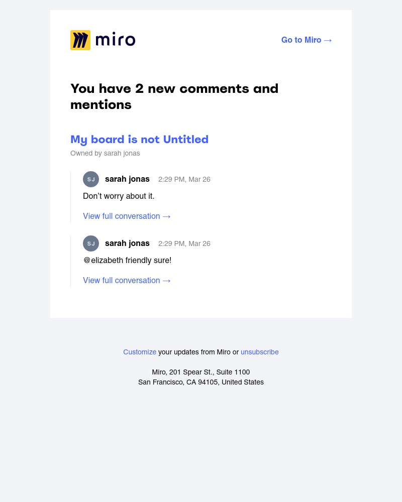 Miro - 2 new comments and mentions from sarah jonas