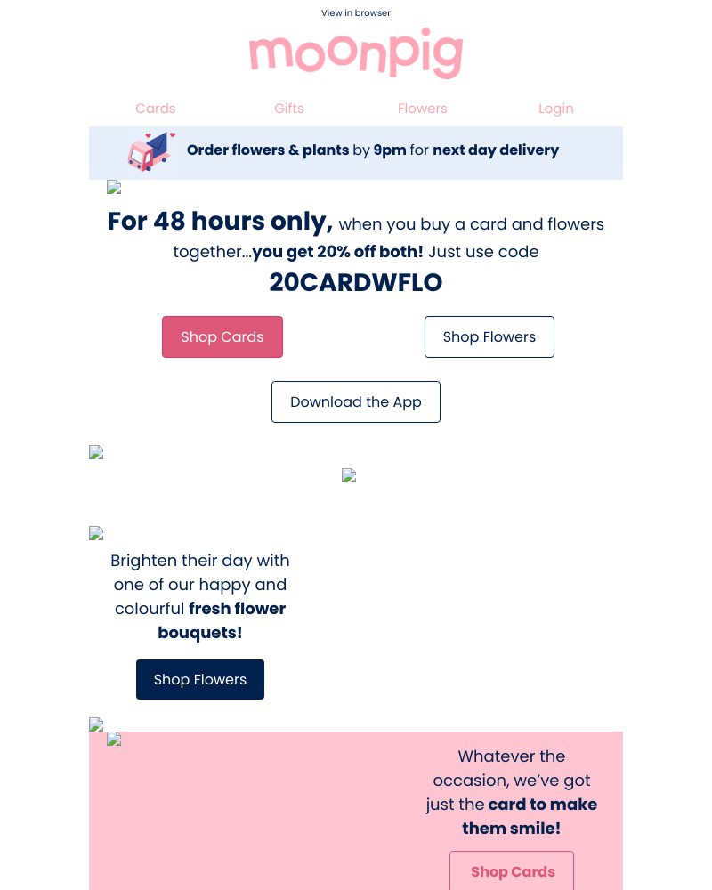 Moonpig - 20% off cards & flowers together!