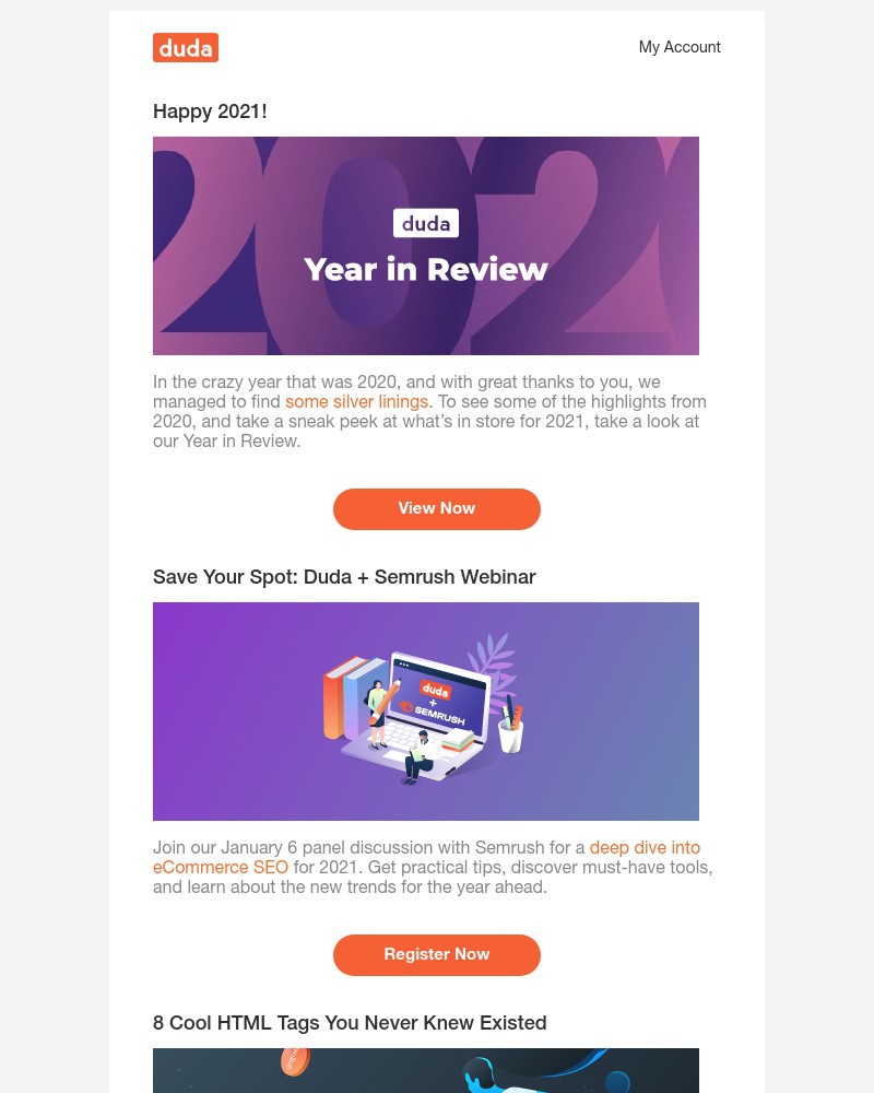 Duda - 2020 Year in Review, eCommerce SEO Webinar, Uncommon HTML Tags