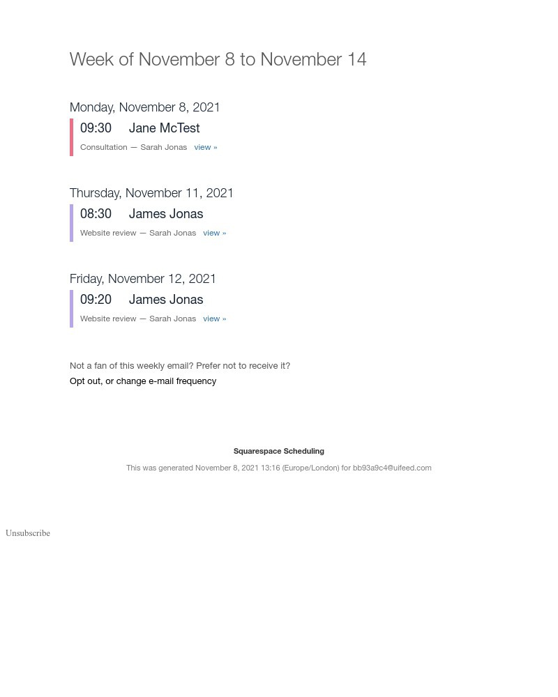 Squarespace Scheduling - 3 Appointments for week of November 8, 2021
