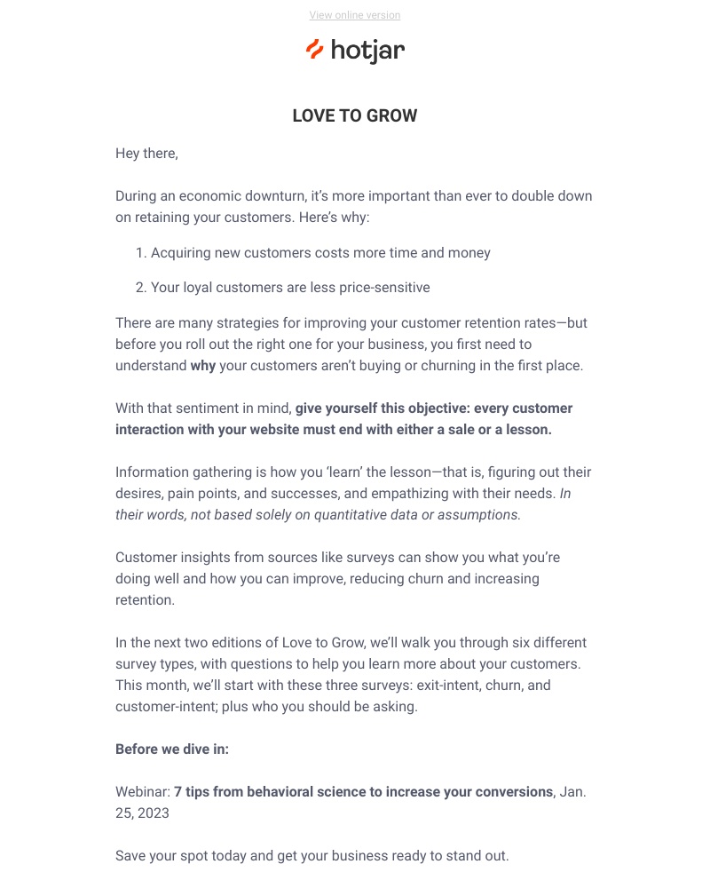 Hotjar - 3 survey ideas for a winning customer retention strategy 👐