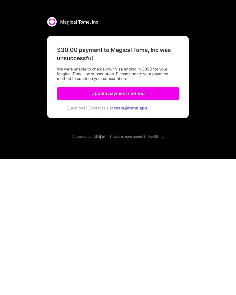 Tome - $30.00 payment to Magical Tome, Inc was unsuccessful