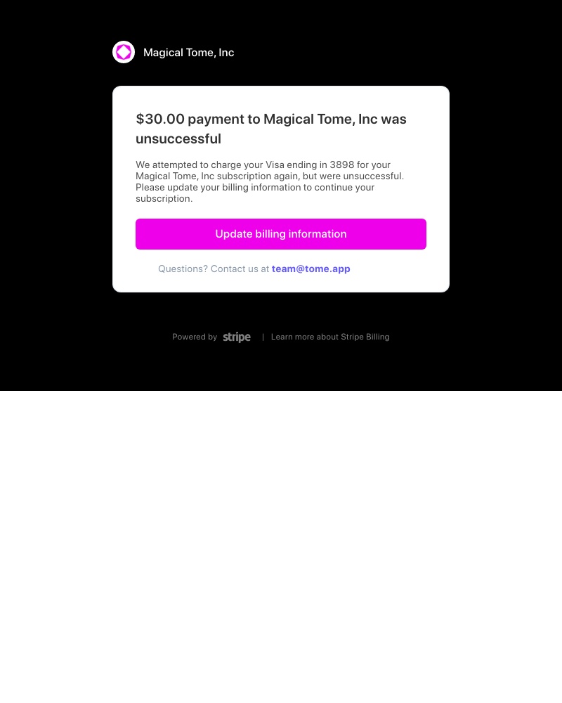 Tome - $30.00 payment to Magical Tome, Inc was unsuccessful again