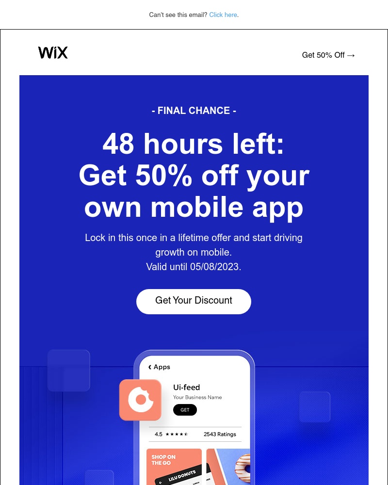 Wix - 48h left: 50% off your own mobile app