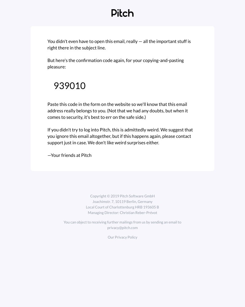 Pitch - 939010 is your sign-in code ✨