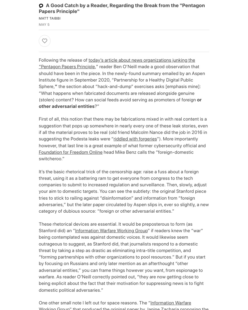 Substack - A Good Catch by a Reader, Regarding the Break from the "Pentagon Papers Principle"