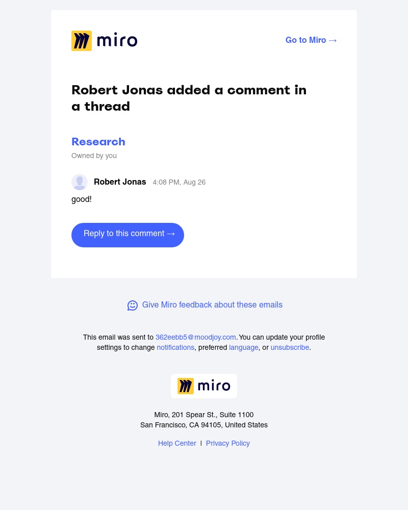 Miro - A new comment in thread on the board: Research