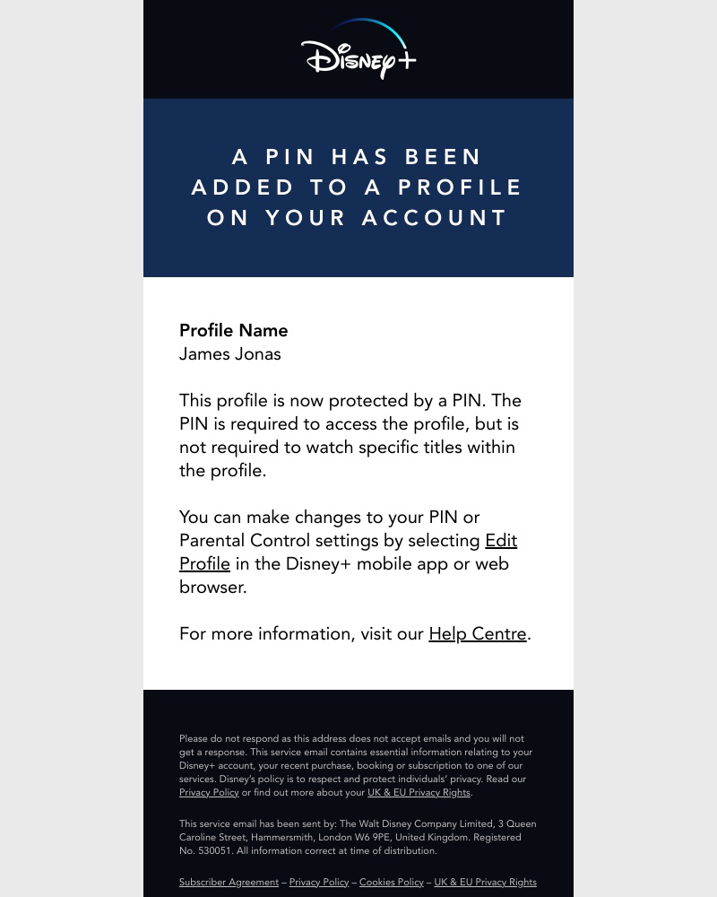 Disney+ - A PIN has been set for James Jonas