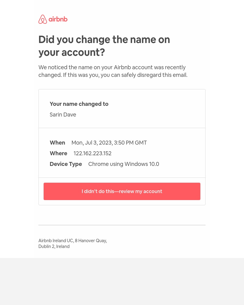 Airbnb - Account activity: Name changed