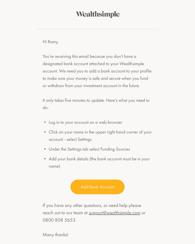 Wealthsimple - Action Required: bank account details for your Wealthsimple account