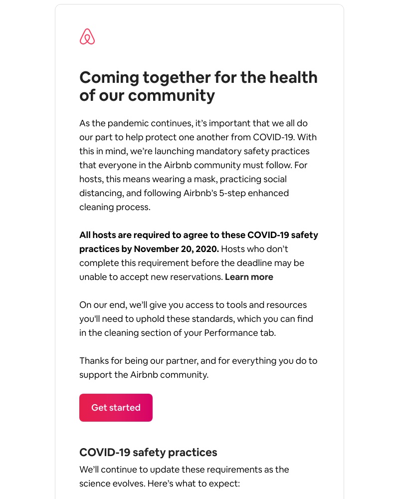Airbnb - Action required by Nov 20: COVID-19 safety practices
