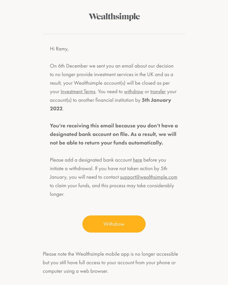 Wealthsimple - Action required on your Wealthsimple Account