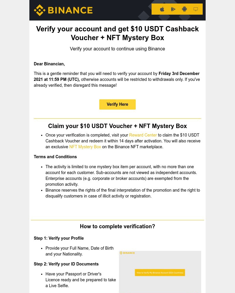 Binance - ā ACTION REQUIRED: Your account will be restricted from using Binance very soon
