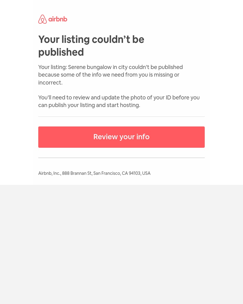 Airbnb - Action required: Your listing wasn’t published