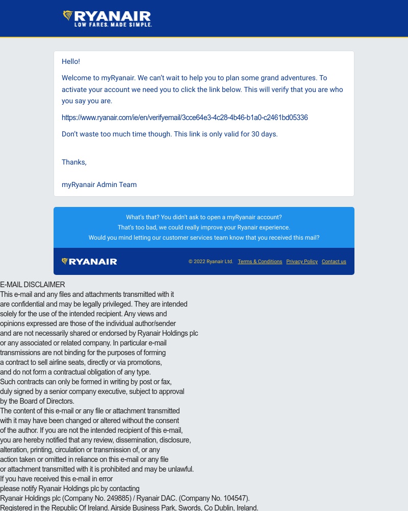 Ryanair - Activation link