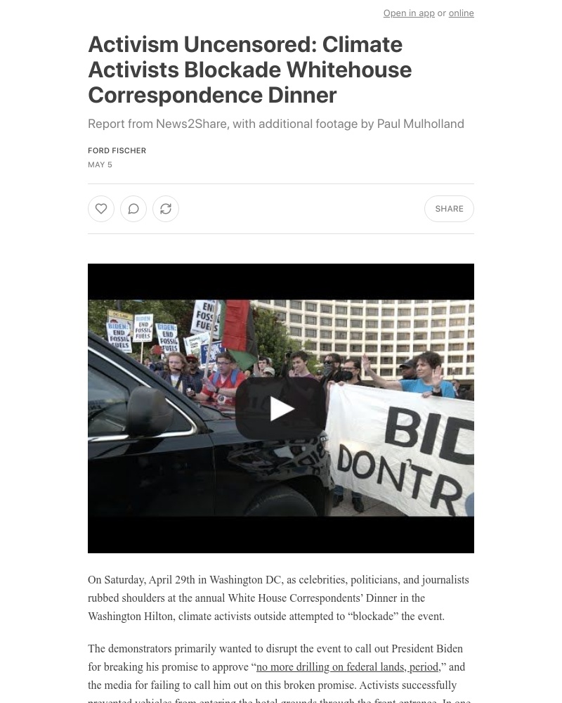 Substack - Activism Uncensored: Climate Activists Blockade Whitehouse Correspondence Dinner