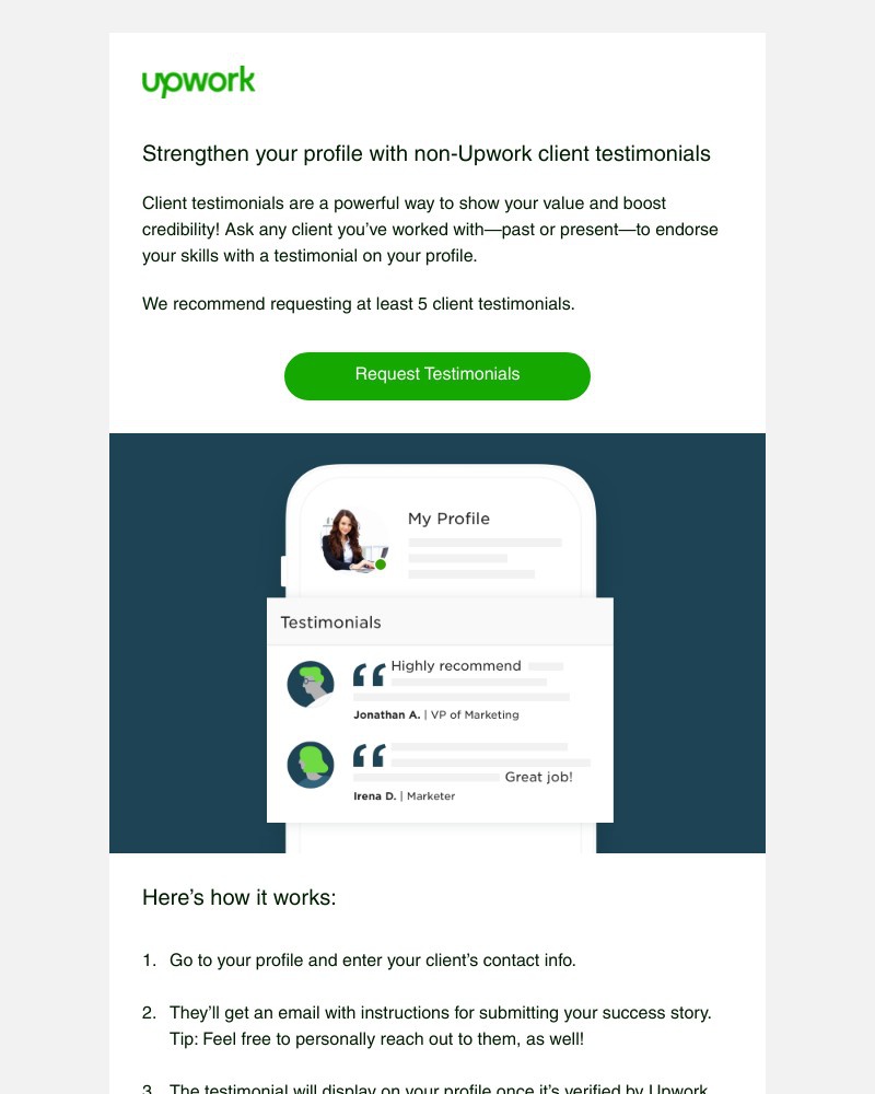 Upwork - Add testimonials to your profile to stand out