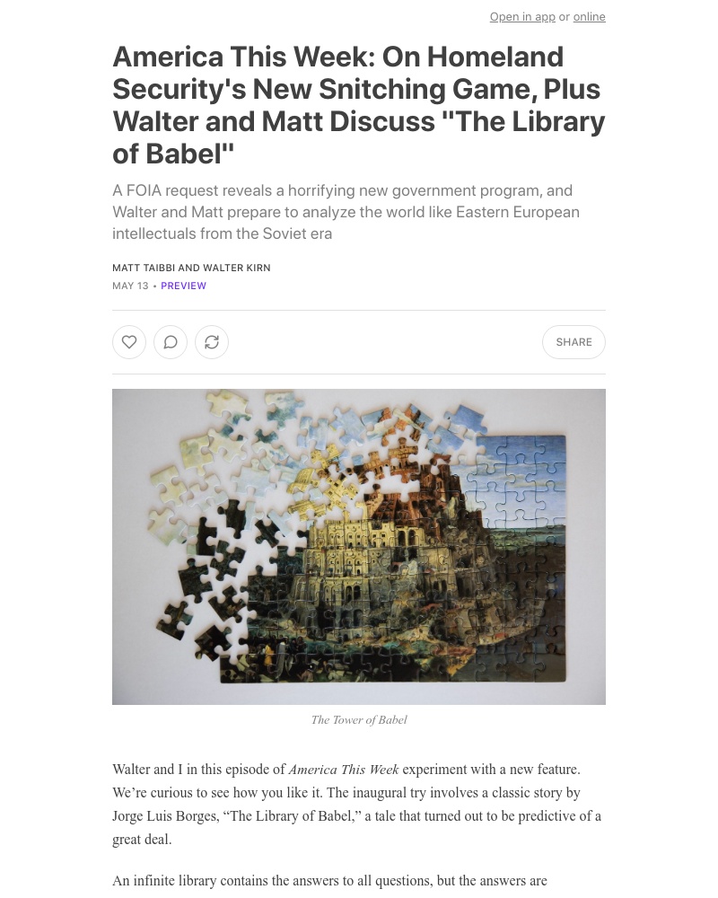 Substack - America This Week: On Homeland Security's New Snitching Game, Plus Walter and Matt Discuss "The Library of Babel"