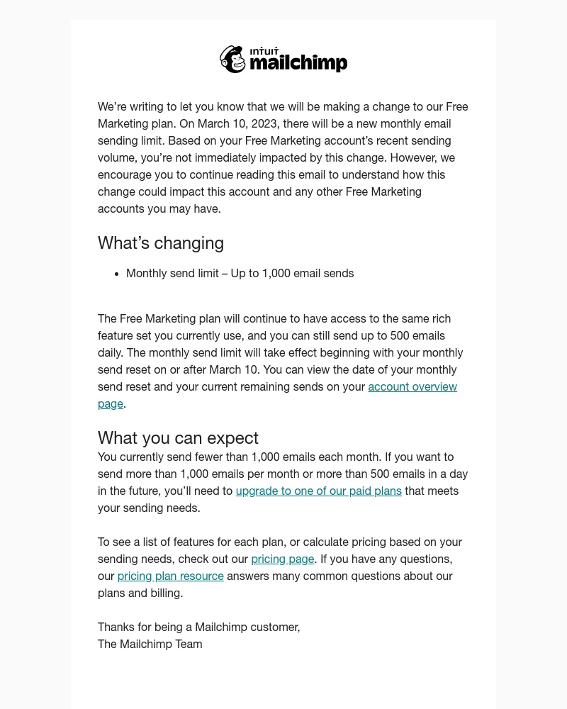 Mailchimp - An important update to Mailchimp’s Free Marketing plan
