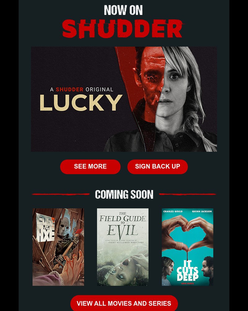 Shudder - An Unhinged Mind-Bending Thriller. Stream ‘Lucky’ Now.
