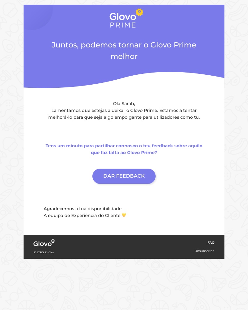 Glovo - Antes de ires... ajuda-nos a fazer do Prime um serviço ao qual queiras voltar! ✌️