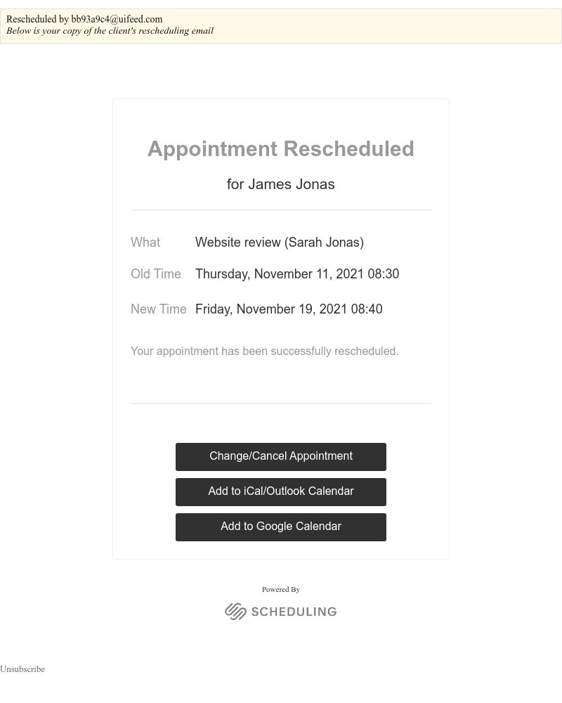 Squarespace Scheduling - Appointment Rescheduled: James Jonas now at Friday, November 19, 2021 08:40 GMT (was November 11, 2021 08:30) with Sarah Jonas