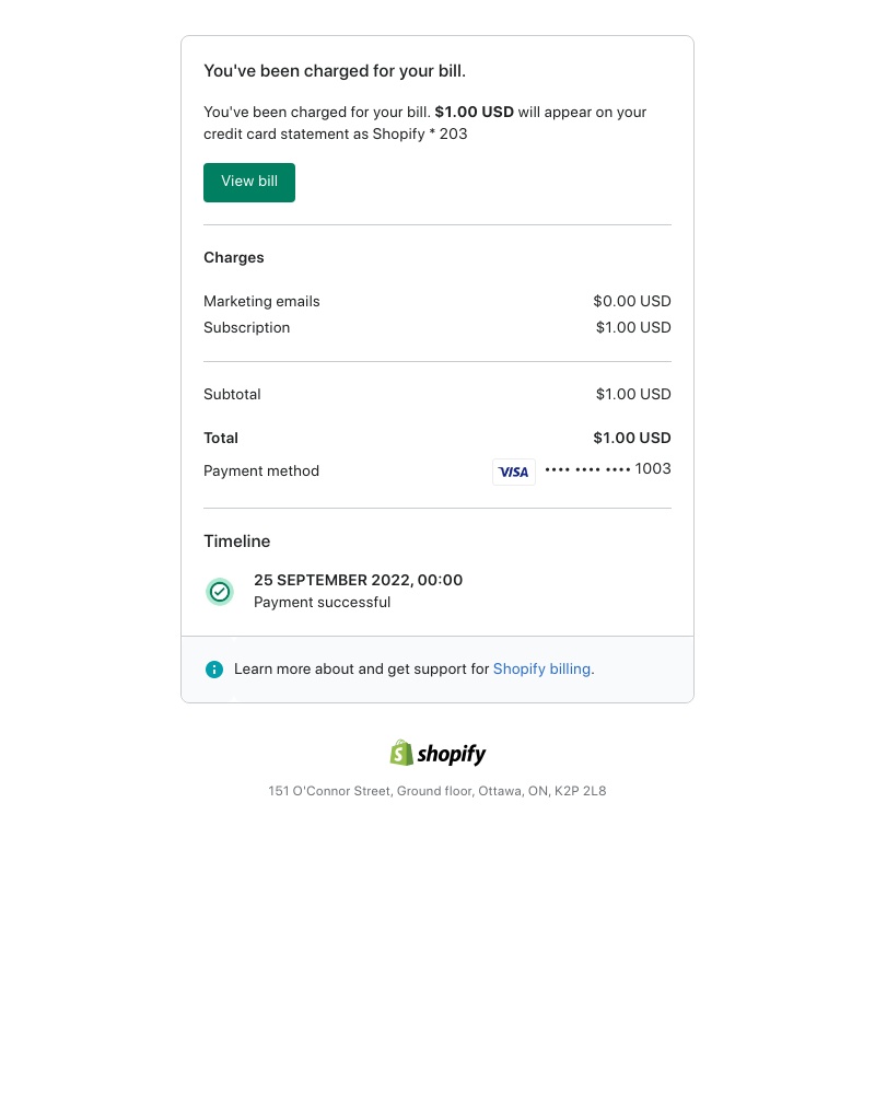 Shopify - Bill for Sep 25, 2022 ($1.00 USD)