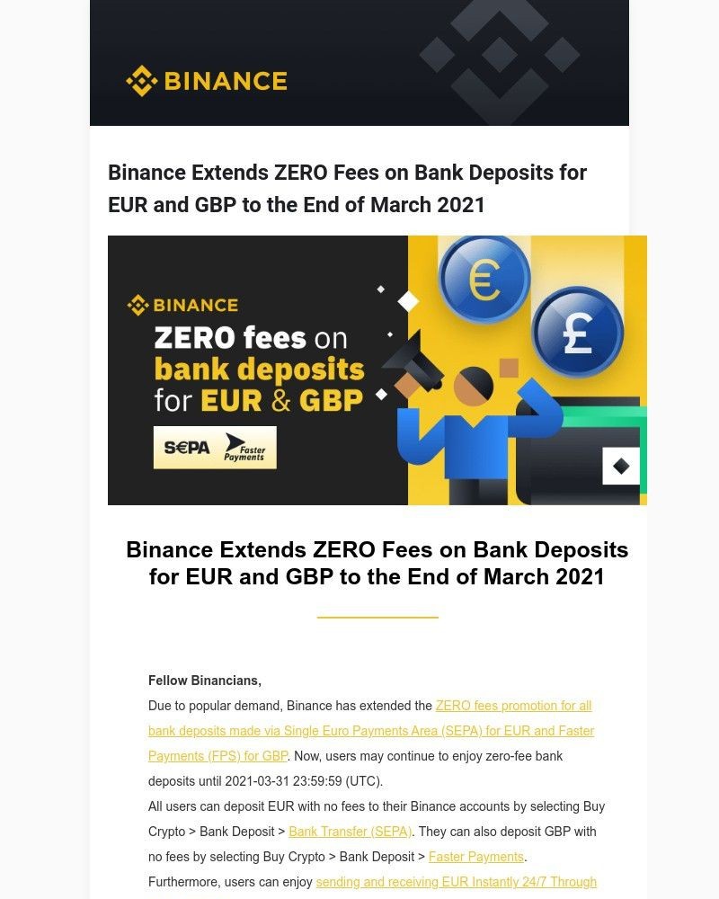 Binance - Binance Extends ZERO Fees on Bank Deposits for EUR and GBP to the End of March 2021