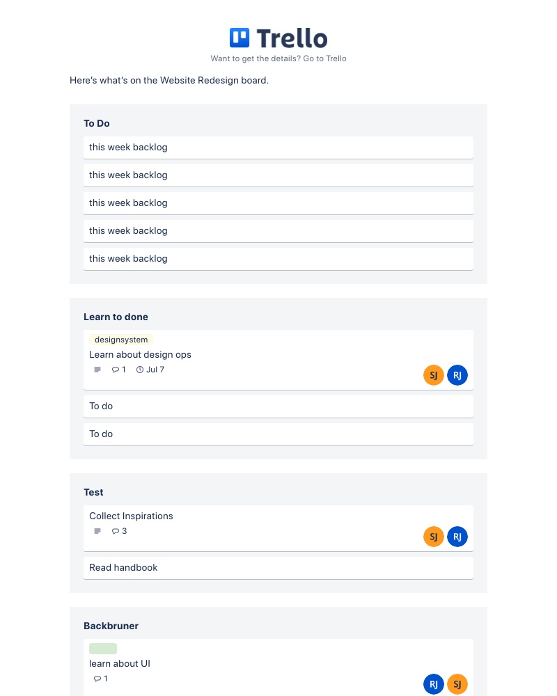 Trello - Board snapshot: Website Redesign