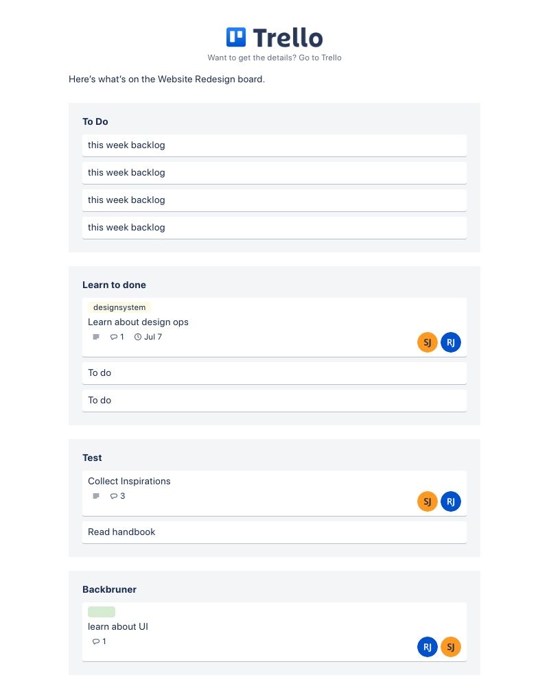 Trello - Board snapshot: Website Redesign