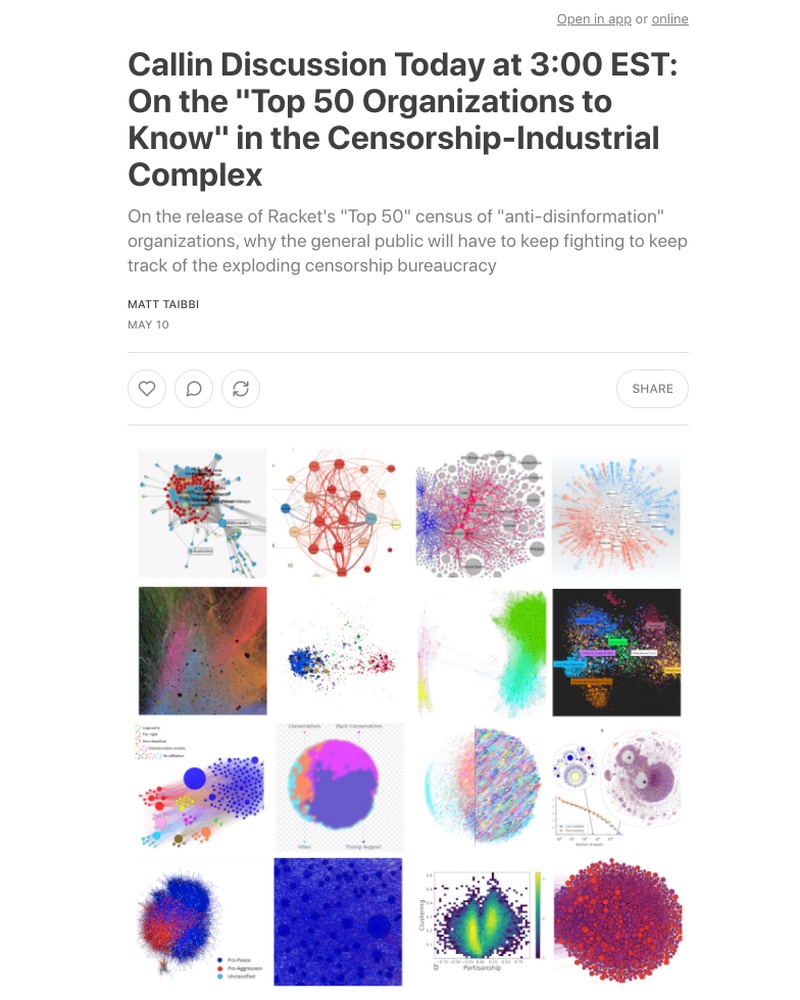 Substack - Callin Discussion Today at 3:00 EST: On the "Top 50 Organizations to Know" in the Censorship-Industrial Complex